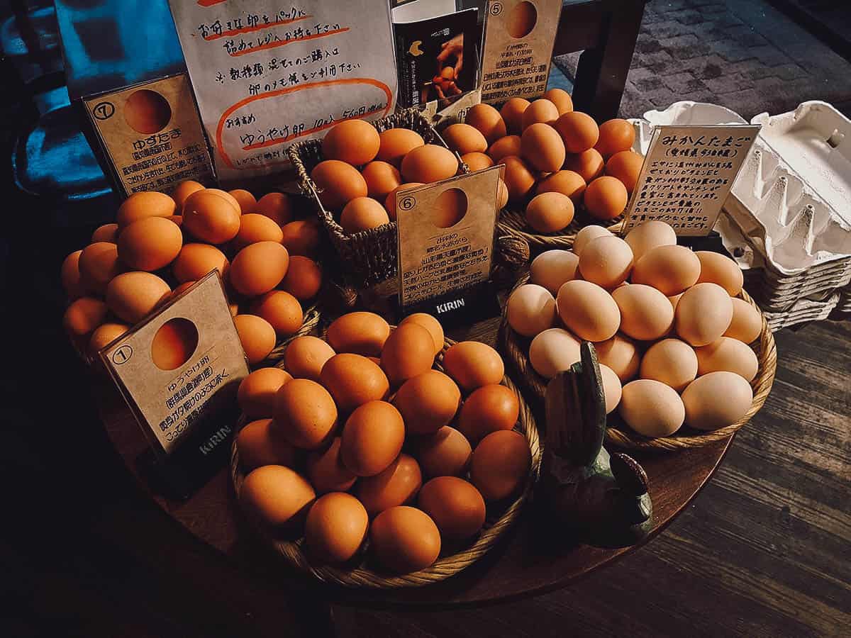 Different types of eggs at Kisaburo Nojo in Tokyo, Japan