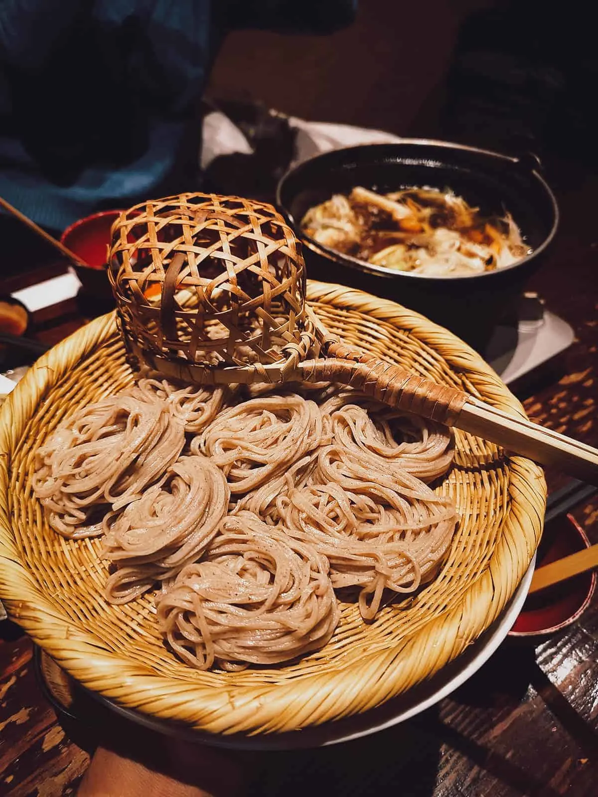 Toji soba, a type of shinshu soba buckwheat noodles cooked in a hot pot
